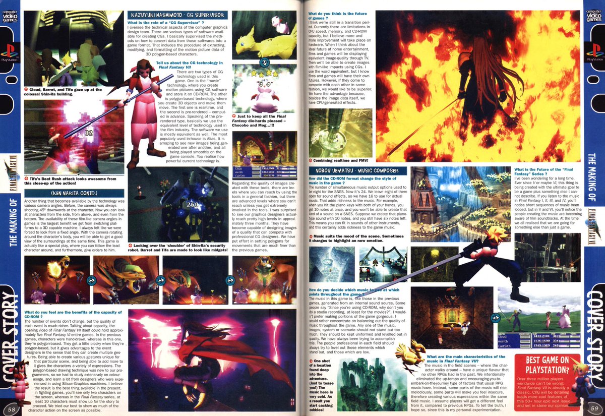 "Computer_and_Video_Games" is an interesting src,
It's published in '97 before international ver. released, and has typo like Roman numerals 13 as 18, Ilyna(イリーナ) as LLyna .etc
but it's also using early portraits and renders (e.g. the single-slot Buster sword) from ->