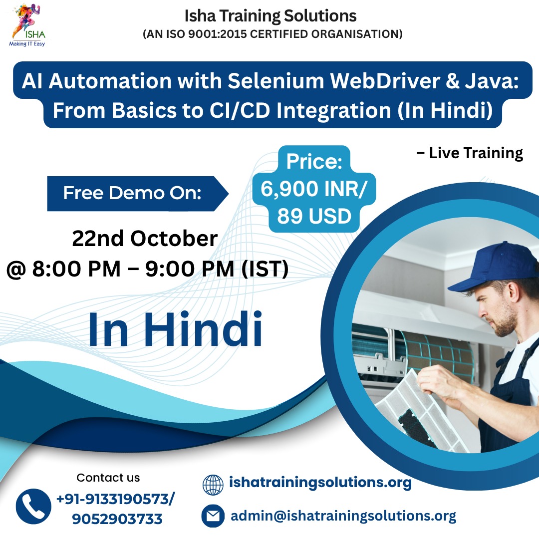 IshaKumargupta's tweet image. “AI Automation with Selenium WebDriver & Java: From Basics to CI/CD Integration (In Hindi)” – Live Training.
Free Demo On:22nd Oct @ 8:00 PM(IST)/22nd Oct @ 10:30 AM(EST)
For Registration
docs.google.com/forms/d/e/1FAI…
call/WhatsApp @+91-9133190573
#AIAutomation #SeleniumWebDriver