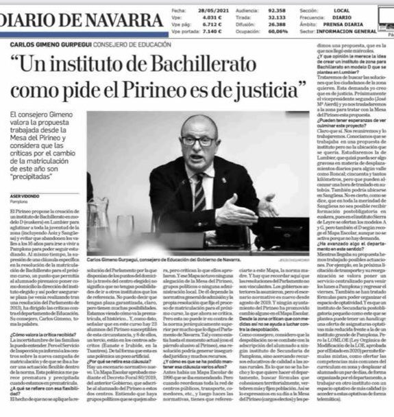 Instituto del Pirineo, un compromiso hecho realidad. Un ejemplo de inversión justa, planificada y con vocación de futuro.

El nuevo instituto del Pirineo demuestra la vocación del Departamento de Educación para seguir mejorando el sistema educativo en toda Navarra.