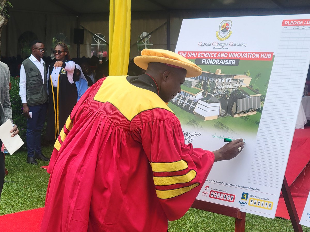 The Chief Guest Ms Gloria Evelyn Byamugisha: The Group Chief HR Officer and Dangote Cement PLC has officially launched the fundraising for UMU Science Renovation Hub together with Bishop Anthony Zziwa and The Vice Chancellor Prof. Patrick Kyamanywa. #UMUat32 
#UMUgraduation2025