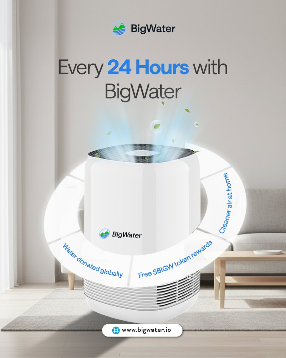 Your purifier shouldn’t just clean the air — it should create impact.

With BigWater, every 24 hours of use means:
🌬️ Safer, healthier breathing for your family
💧 Verified water donations to communities in need
🪙 Free $BIGW tokens as your sustainability rewards

One device.