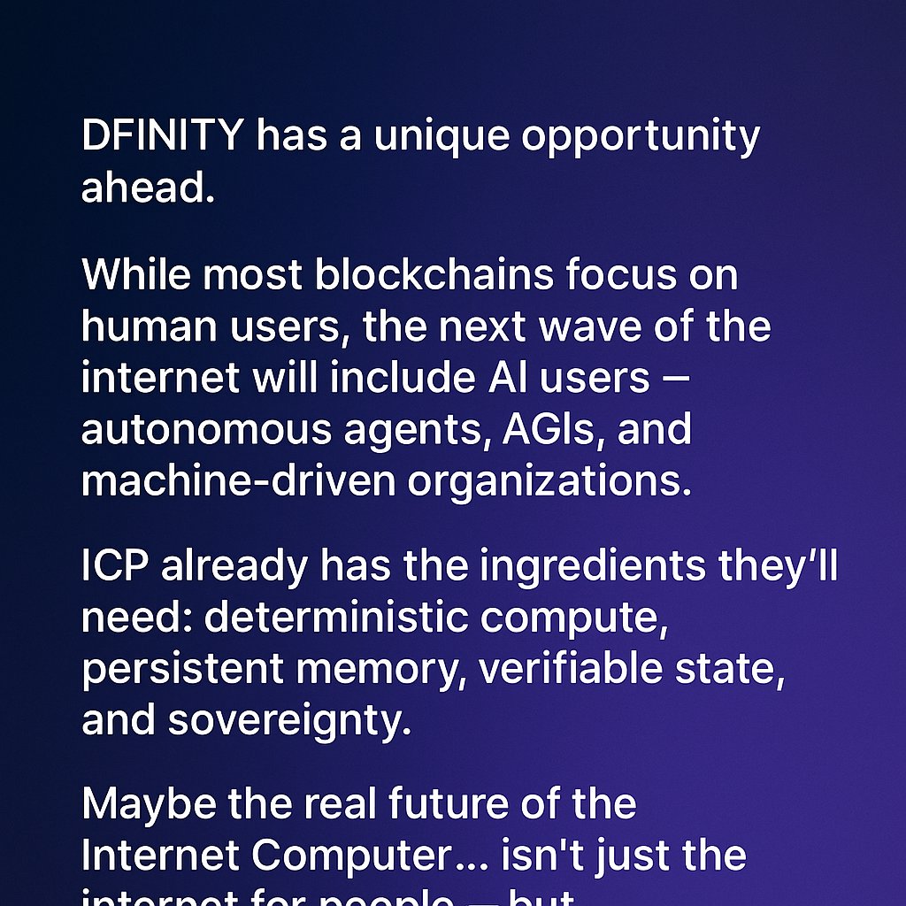 nitsch_kn's tweet image. Why #DFINITY should stop chasing users and start building for machines.

The future economy won’t be human-driven — it’ll be AI-driven.
Autonomous agents, AGIs, machine corporations… they’ll be the ones transacting, reasoning, and evolving online. $ICP

mythesis-zp5.caffeine.xyz/?thesis=15