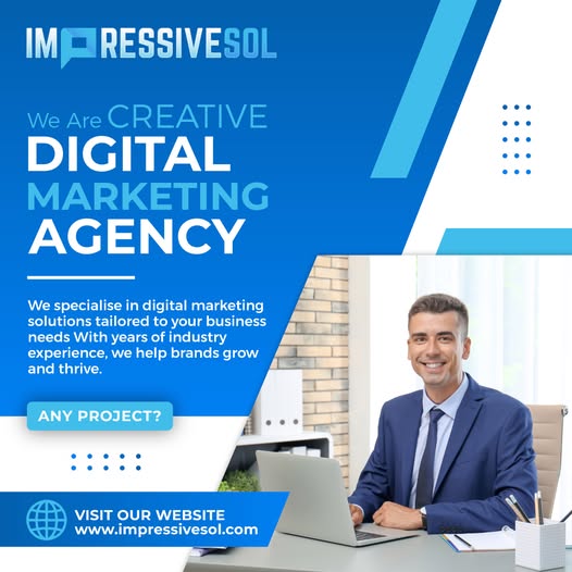 🚀 ImpressiveSol - Your Creative Digital Marketing Agency! 🚀
We specialise in crafting bespoke digital marketing solutions tailored to your business needs. 
💻 Need digital marketing support? Let's talk!
📍 Visit us at: impressivesol.com
#DigitalMarketing #CreativeAgency