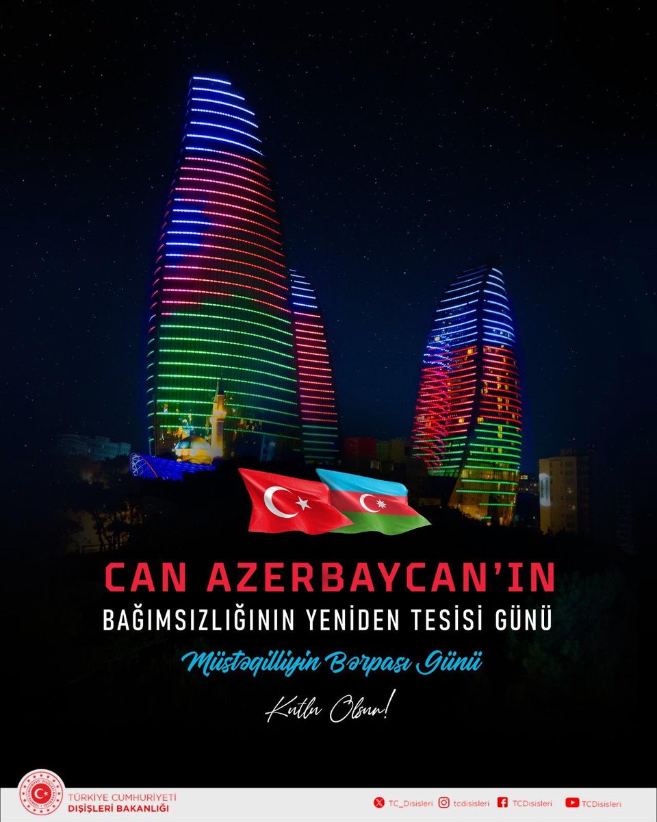 Müttefikimiz kardeş Azerbaycan’ın Bağımsızlığının Yeniden Tesisi Günü’nün 34. yıldönümü kutlu olsun!