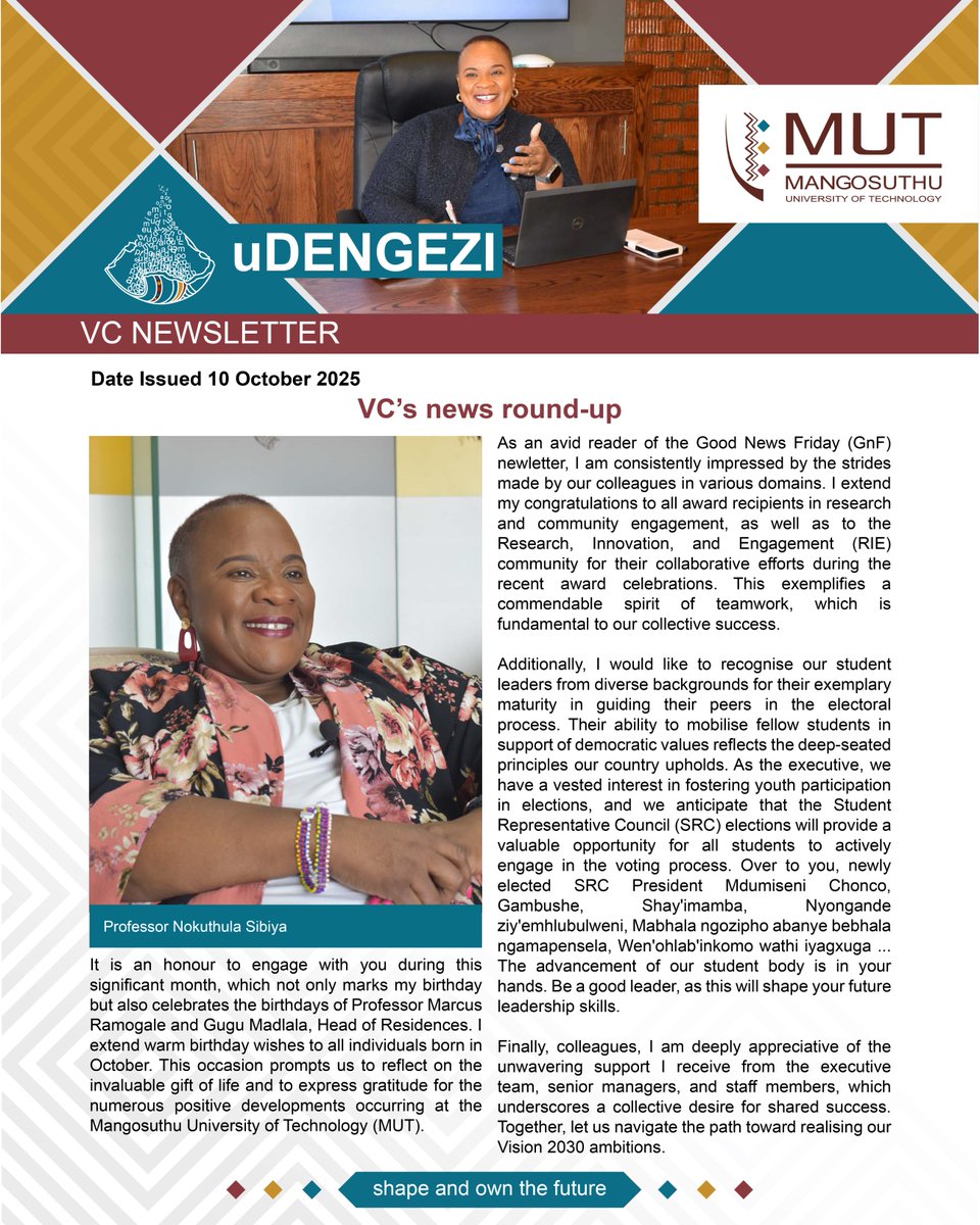 Catch the latest edition of uDengezi, the VC’s newsletter, as Professor Nokuthula Sibiya reflects on teamwork, leadership, and MUT’s shared vision for the future.

👉 Read more: mut.ac.za/media/publicat…