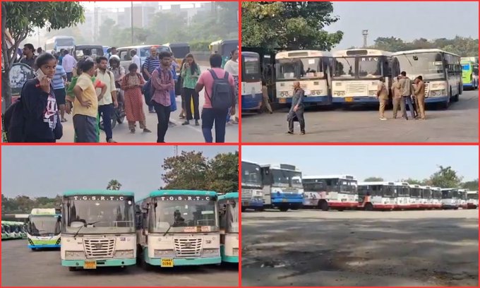 Four-panel collage shows crowds of people in casual clothing waiting near green and white RTC buses parked in a lot under trees with urban buildings in background one panel depicts a group including uniformed officers standing by buses another shows rows of green TSRTC buses lined up in an open area with clear skies.