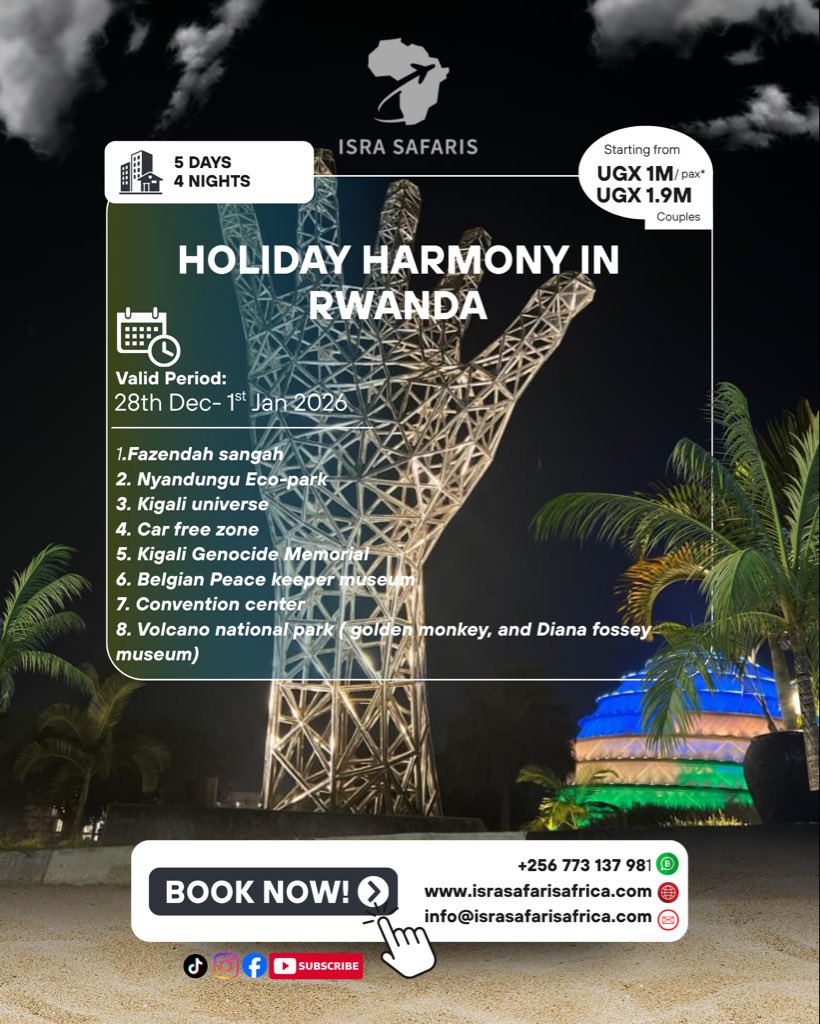 isra_safaris's tweet image. End your year with adventure and start the new one with memories that last forever 💫 Kigali, we’re coming for 5 days of beauty, culture, and celebration — Dec 28th–Jan 1st! 🇷🇼 #KigaliVibes #RwandaTrip #NewYearInRwanda