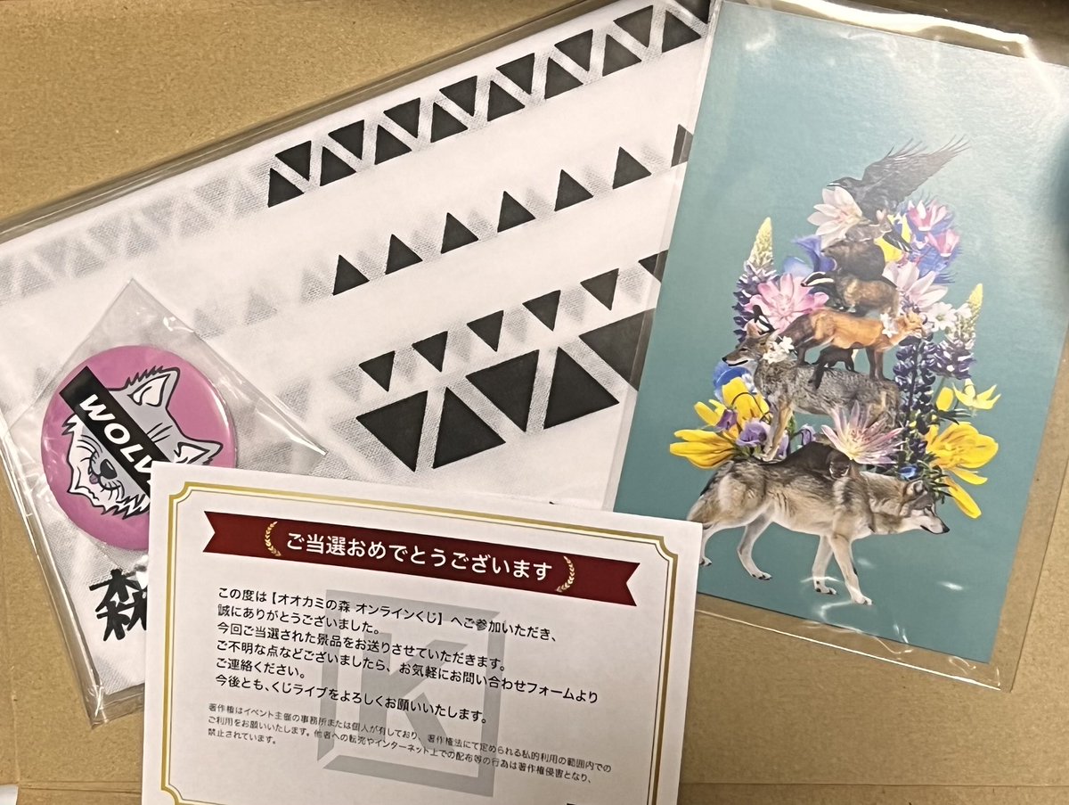 既に届いておりましたが、落ち着いてからご紹介しようと

オオカミの森オンラインくじのステキな品🐺
しかもバッジがおピンクᐠ( ᐛ )ᐟ
手ぬぐい好きやしポストカードもステキ✨️

#オオカミの森