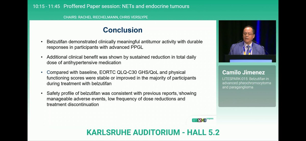 #ESMO25 | #NETs
LITESPARK-015 – Belzutifan (HIF-2α inhibitor) in advanced PPGL

🧩 ORR 26% | DCR 85% | mPFS 22 mo | mOS NR
🩸 30% ↓ in antihypertensive medication ≥6 mo
⚕️ Grade 3–4 TRAEs 46% (mostly anemia, hypoxia), no grade 5
💡 Durable responses with manageable safety ✅