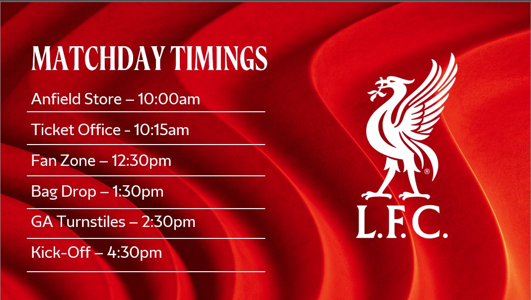 Morning Reds, we are at Anfield this afternoon in
<a href="/premierleague/">Premier League</a> action against <a href="/ManUtd/">Manchester United</a> 

Here's your matchday timings;