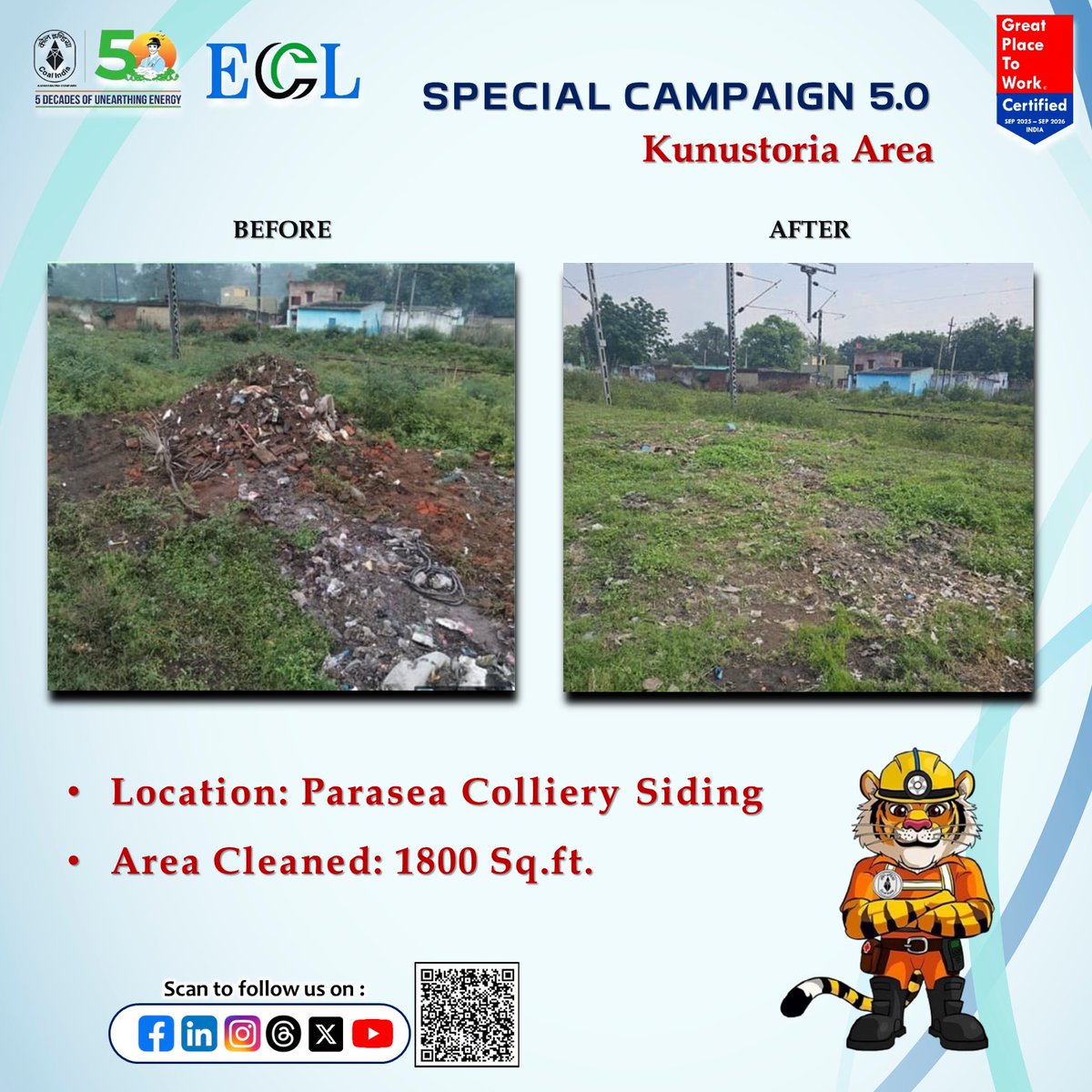 easterncoal's tweet photo. Under Special Campaign 5.0, a Clean &amp; Green Drive was organised at Parasea Colliery Siding, Kunustoria Area, ECL. 1,800 sq. ft. area cleaned, promoting hygiene and a cleaner environment.

 #SpecialCampaign5.0 #SHS2025 

@ministryofcoal  @CoalIndiaHQ  @darpggol  @swachhbharatgov https://t.co/KnGLEbNE2l