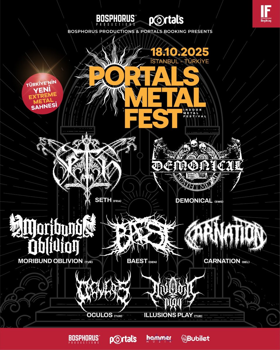 TODAY!!! BUGÜN!!! 

Büyük gün geldi çattı. Kapı açılışı 15.00! (Grup aralarında giriş çıkışlar serbesttir) 

Biletler BuBilet'de! 

<a href="/portalsbooking/">portalsbooking</a> 
#portalsmetalfest #today