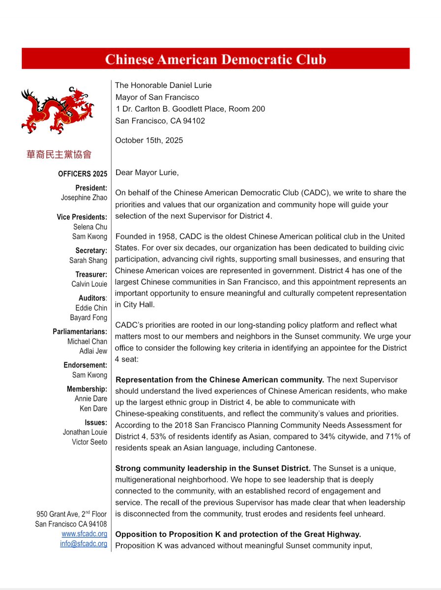 sf_cadc's tweet image. CADC urges Mayor @DanielLurie to appoint a D4 Supervisor who reflects the Sunset Community: Chinese-American representation, local roots, opposition to PropK, support for Great Highway access, responsible growth & respect voters who recalled last supervsr. sfcadc.org/cadc_recommend…