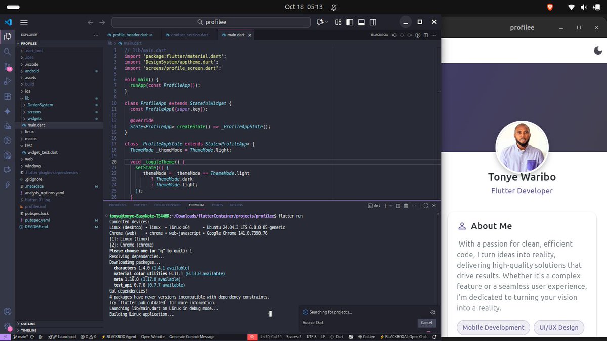 TonyeWaribo's tweet image. I&apos;m excited to share my recent project - a mobile profile app built with Flutter during the HNG Stage 0 task. This experience has not only honed my mobile engineering skills but also given me valuable exposure to mobile 
#HNG @hnginternship #MobileEngineering #Flutter #mobiledev