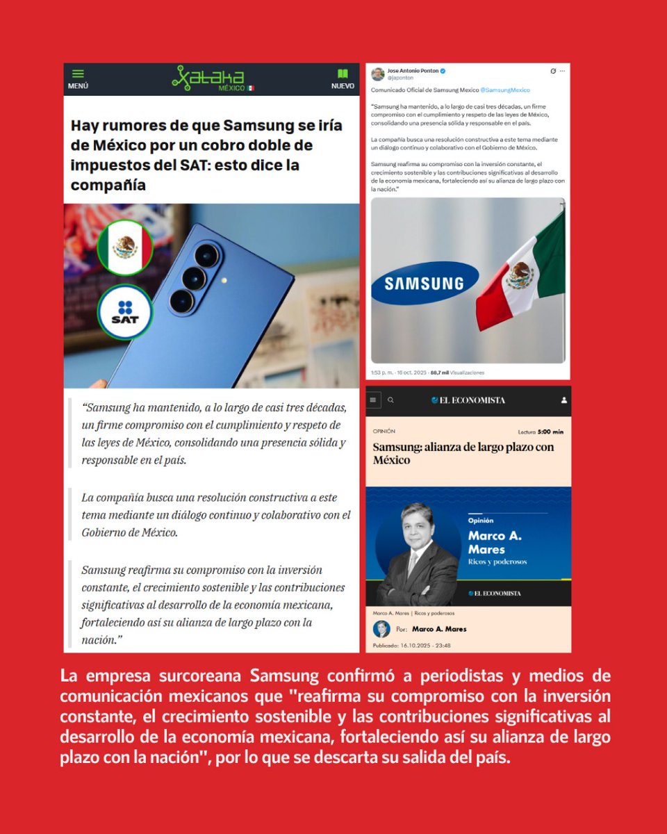 ❌ Falso que Samsung se va de México

✅ La empresa surcoreana Samsung confirmó a periodistas y medios de comunicación mexicanos que "reafirma su compromiso con la inversión constante, el crecimiento sostenible y las contribuciones significativas al desarrollo de la economía