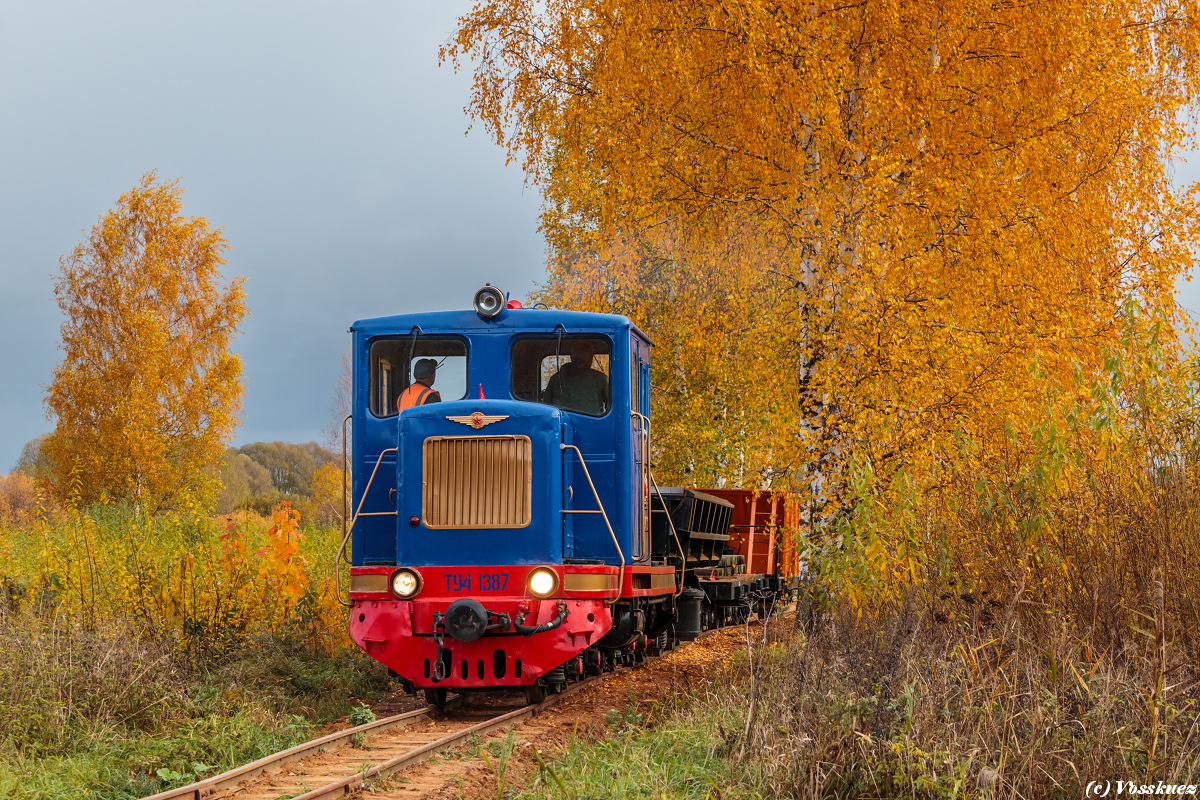 Тепловоз ТУ4-1387 с балластным поездом, Музей "Мир железной дороги", Ярославская область, 12.10.2025. Diesel locomotive ТУ4-1387 with a ballast train, new Museum "The World of Railways", Yaroslavl Oblast, 12.10.2025. Photo: Vosskuez. #Russia #TU4 #ужд #узкоколейка #narrowgauge