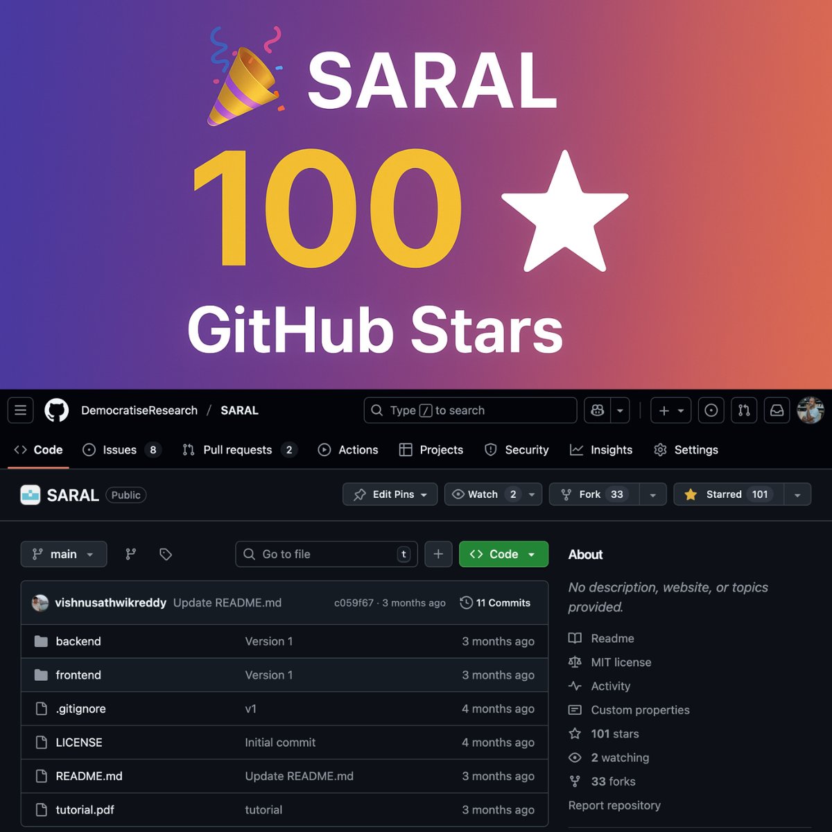 ponguru's tweet image. 🎉🥳 Celebrating little joys, #SARAL crossed 100 🌟 stars @github!
Grateful to everyone who has engaged, contributed, believed in this #DemocratiseResearch initiative.
🔗 Check #SARAL GitHub repo, Platform, and Browser plugin links in comment
#OpenSource #ProfGiri #GitHub