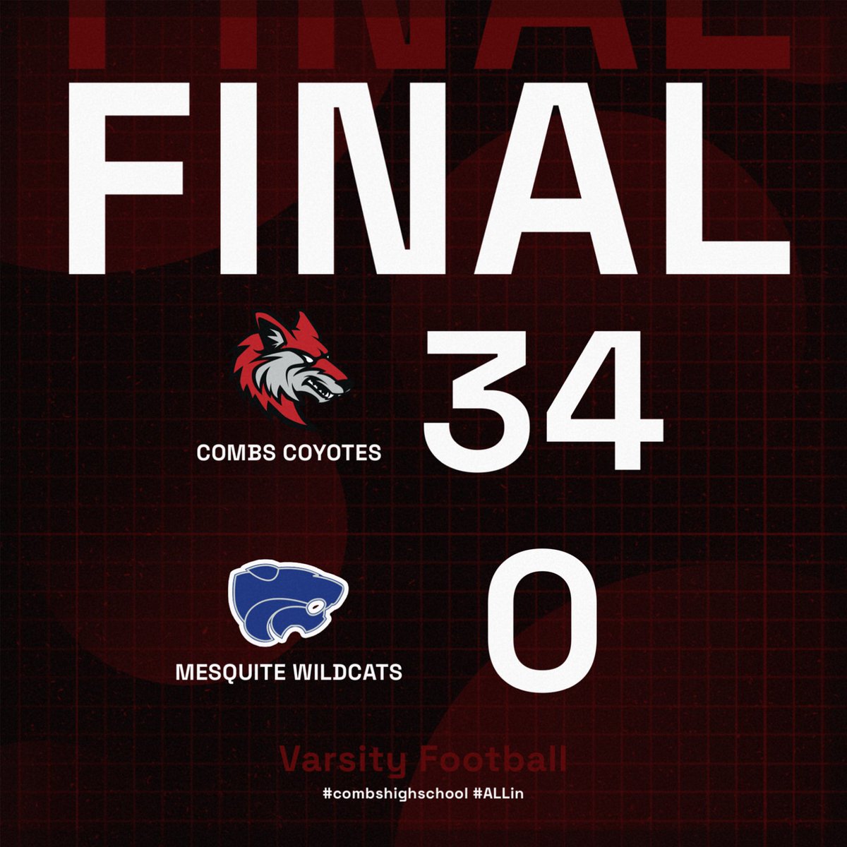 CombsFTBL's tweet photo. Final from Mesquite! 🍩 🍩 #combshighschool #ALLin #fridaynightlights #CoyotePack https://t.co/9nJCcytcoi