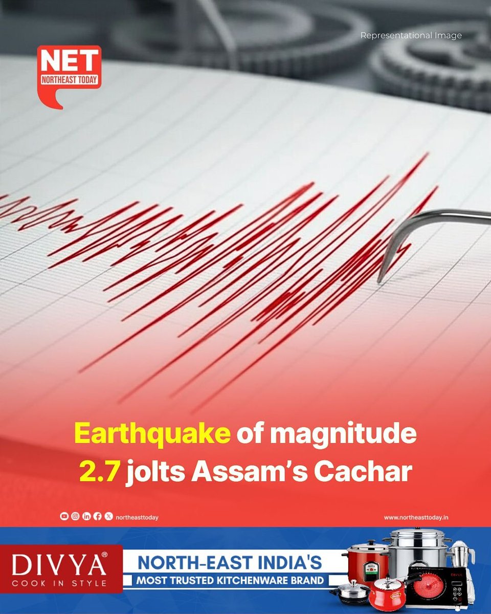 NortheastToday's tweet image. #NetSnippet | Silchar, Oct 18: A mild earthquake of magnitude 2.7 struck Assam’s Cachar district early on Saturday, the National Centre for Seismology (NCS) reported.
The tremor was recorded at 3:29 a.m. IST, with its epicentre at latitude 24.84°N and longitude 93.20°E, at a…