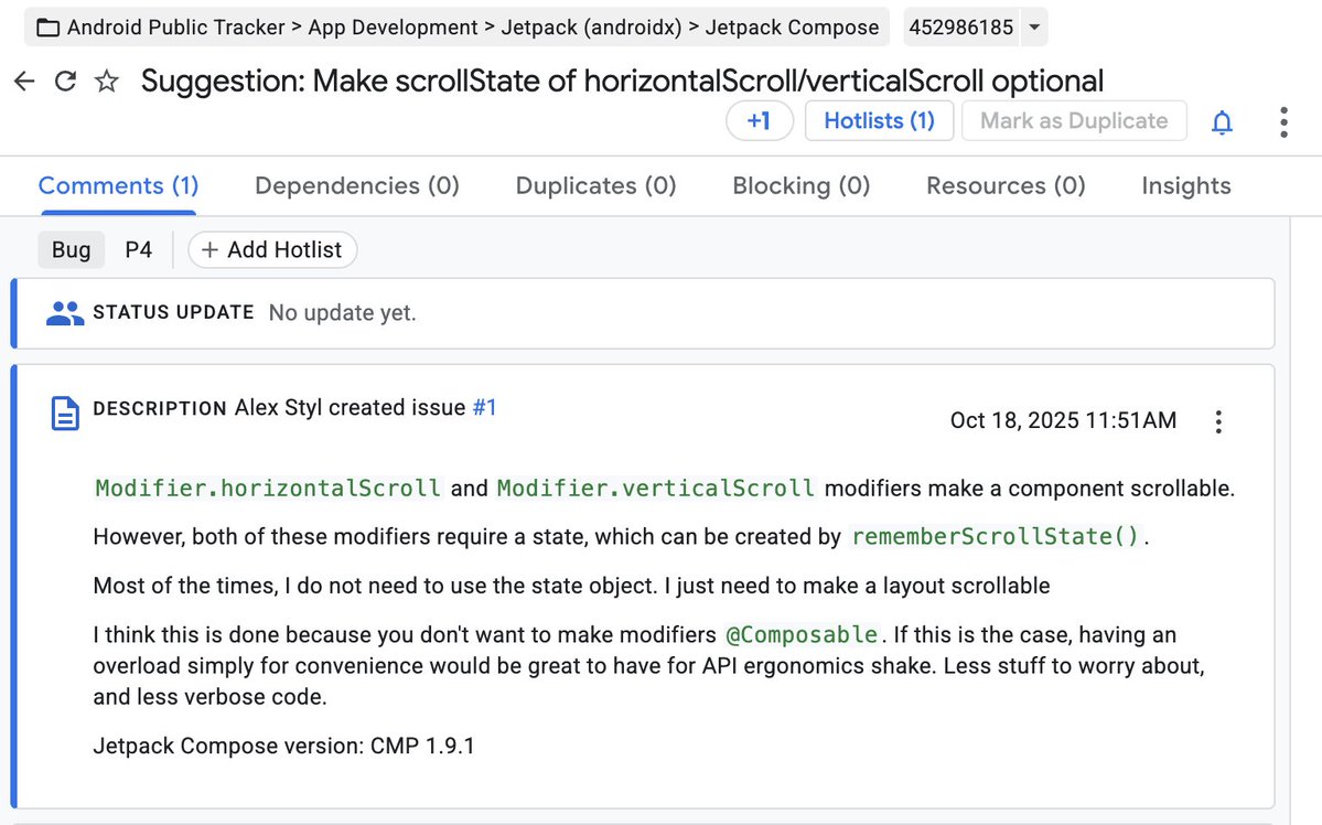 alexstyl's tweet image. Running out of Jetpack Compose bugs to report to Google, started nitpicking the API instead.
