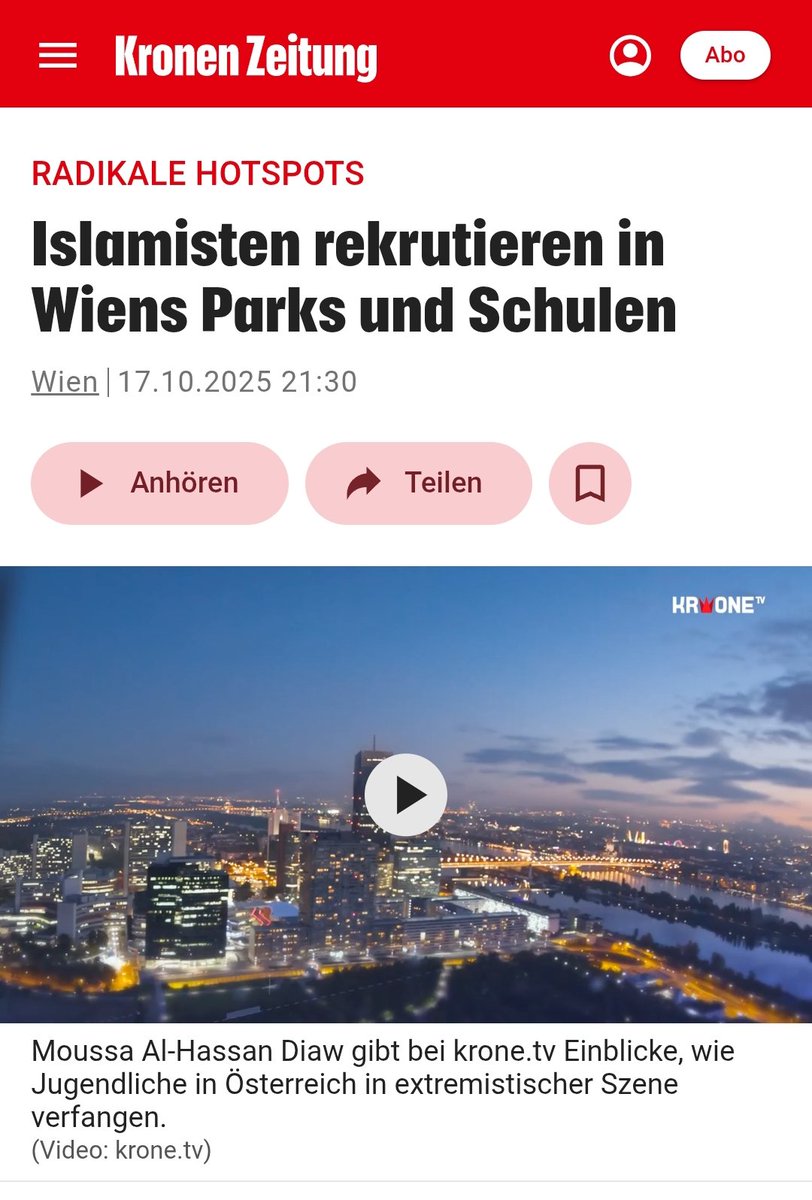 Potentielle Attentäter👇

Auf die Frage, wie groß die extremistische Szene in 🇦🇹 sei, antwortet Diaw ohne Umschweife: „Sehr groß, weil ganz einfach gilt, was wir immer schon gesagt haben. Also jeder, der von dieser Ideologie überzeugt ist, ist quasi ein potenzieller Attentäter