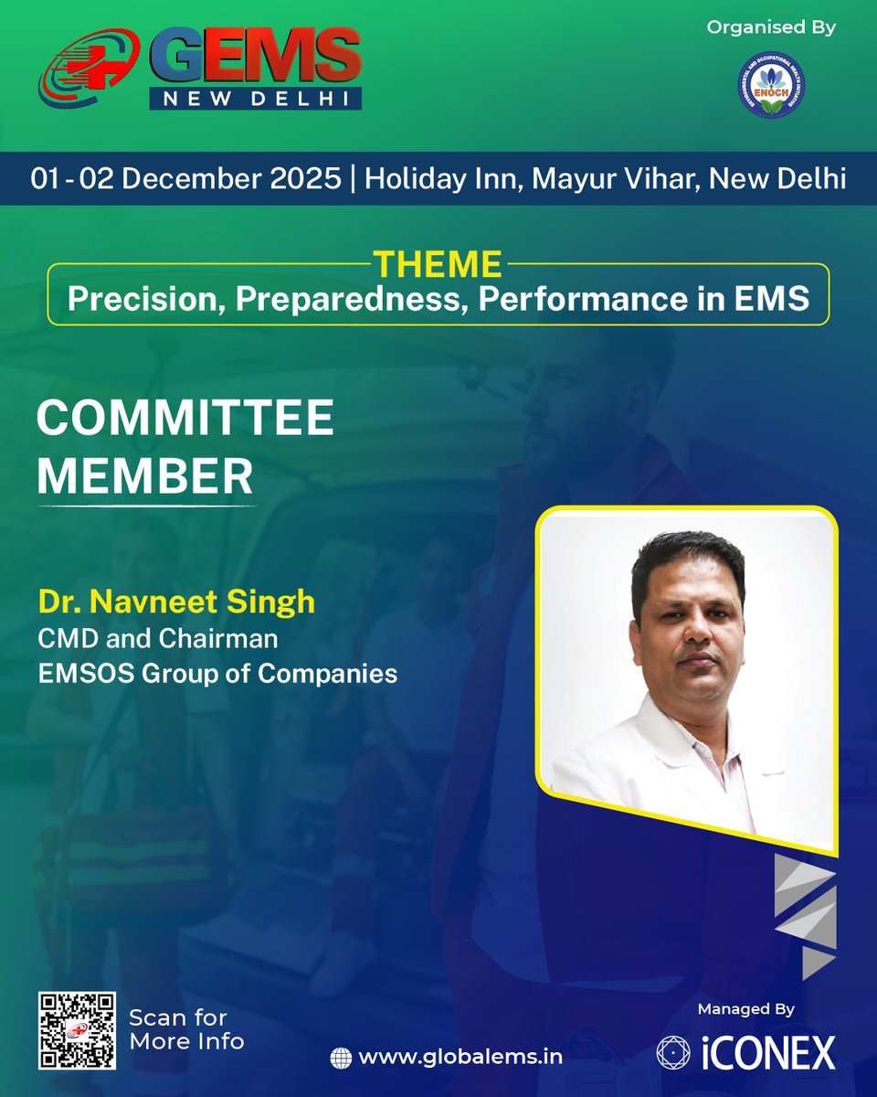 GlobalEMS217675's tweet image. We are pleased to welcome Dr. Navneet Singh, CMD and Chairman, @AviationEmsos, as a Committee Member for the #GEMS2025.

🗓️01 - 02 December 2025
📍New Delhi

🔗globalems.in

#EMS #CommitteeMember #Medical #Health #Emergency