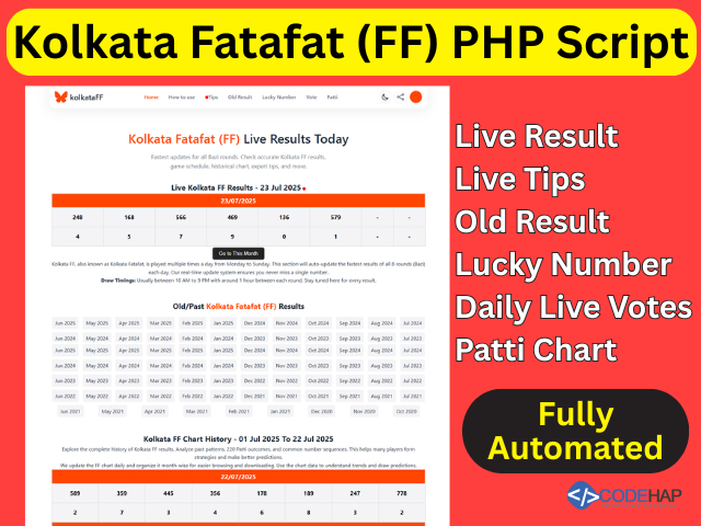 CodeHap's tweet image. 🚀 Build a blazing-fast Kolkata FF Live Result site with our automated PHP script! Real-time updates, 2020+ charts, SEO magic, mobile-responsive—no DB needed!
💨 100/100 speed score + free install & support. 
Download: codehap.com/store/kolkata-…
#KolkataFF #Fatafat #PHPScript #SEO