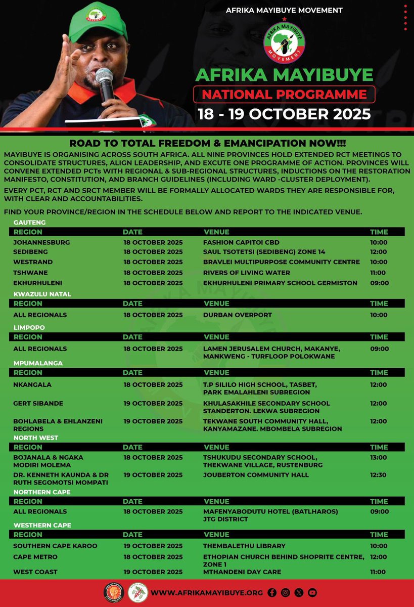 MAYIBUYE is organising across South Africa this weekend. Find your province/region in the schedule below👇🏾