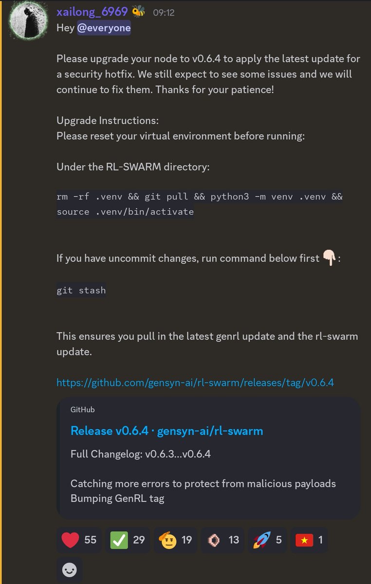 New security hotfix is live <a href="/gensynai/">gensyn</a> — fixes payload handling &amp; improves GenRL tag stability.
If you’re running a node, make sure to upgrade
 
ASAPgithub.com/gensyn-ai/rl-s…

#Dhanteras #patlama