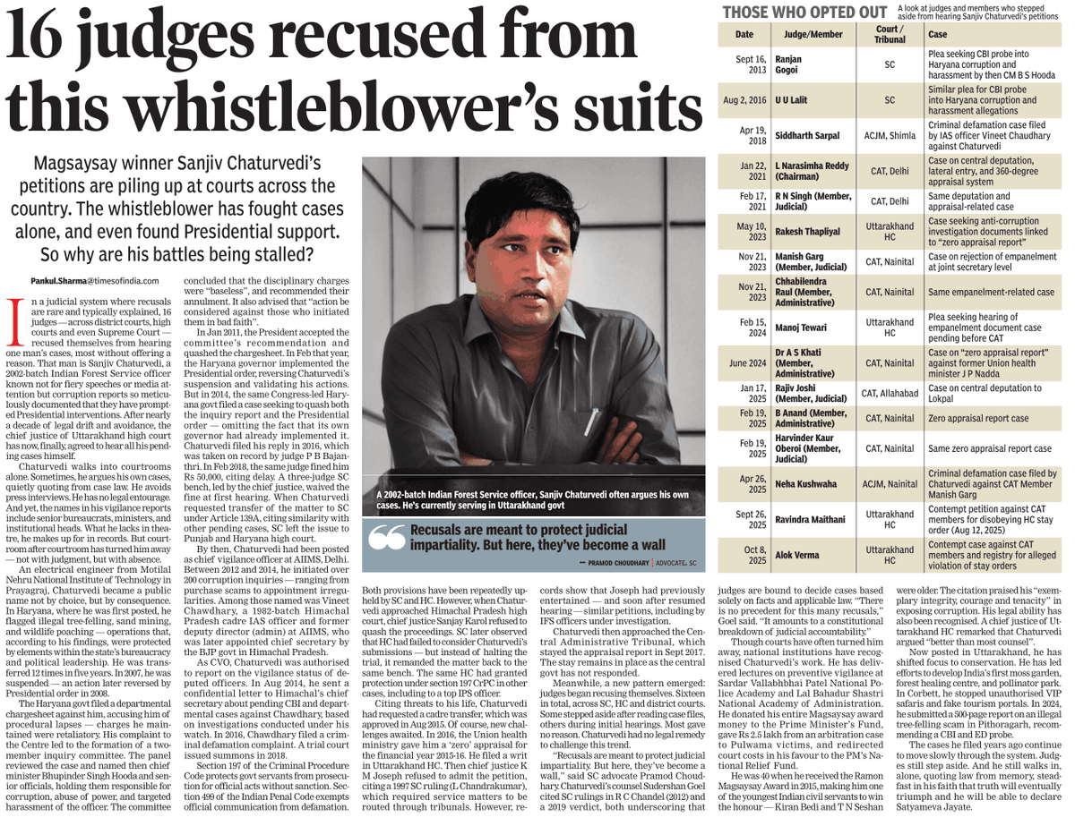 CAT Judge PK Basu in May 2016, when IFS Sanjiv Chaturvedi had appeared for the first time to argue in person before any court, remarked, “It seems that the applicant has chosen a path of integrity and righteousness, at least a character. This is a difficult path, we therefore