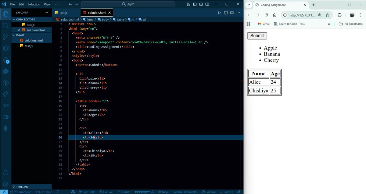 codeXninjaDev's tweet image. Day 7 of #WebDevTortoiseChallenge 🐢 by @ChaiCodeHQ &amp; @Hiteshdotcom
Created a &lt;button&gt;, &lt;ul&gt; list &amp; &lt;table&gt; using &lt;tr&gt;, &lt;th&gt;, &lt;td&gt;. Learning how structure &amp; interactivity bring pages to life 💻✨
#HTML #ChaiAurCode #udemy