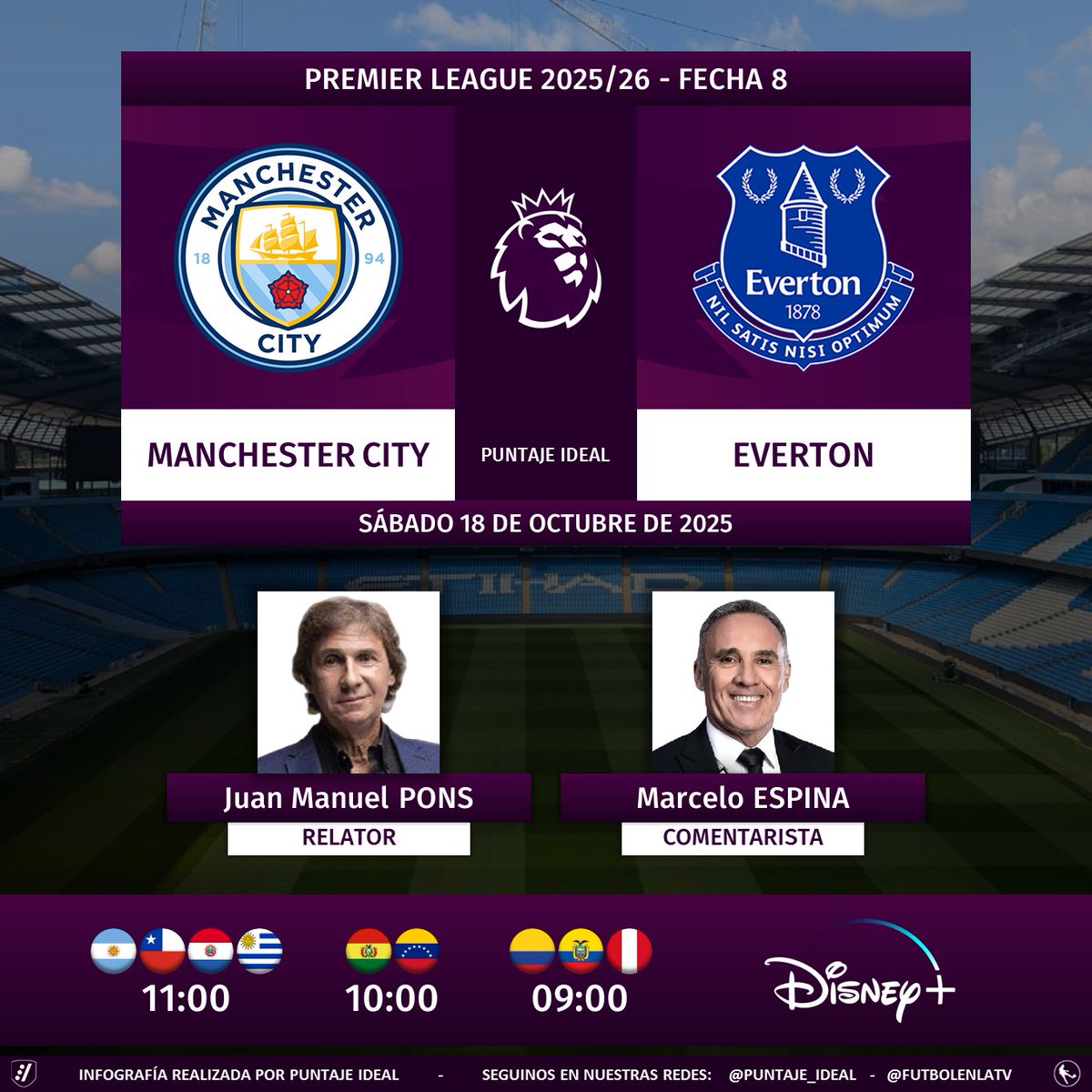⚽ #PremierLeague 🏴󠁧󠁢󠁥󠁮󠁧󠁿 | #ManchesterCity vs. #Everton 
🎙 Relator: Bambino Pons
🎙 Comentarista: <a href="/marceloespina8/">Marcelo Espina</a> 
💻📱 <a href="/disneyplusla/">Disney+ Latinoamérica</a> Sudamérica
🤳 #PREMIERxESPN - #MCIEVE 
Dale RT 🔃
