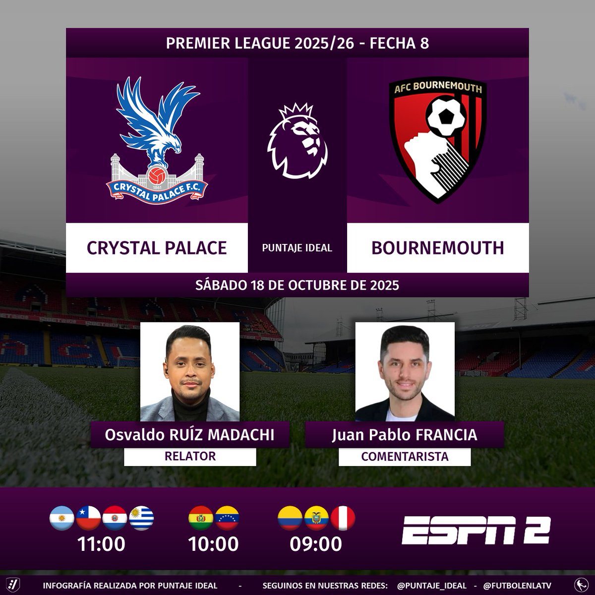 ⚽ #PremierLeague 🏴󠁧󠁢󠁥󠁮󠁧󠁿 | #CrystalPalace vs. #Bournemouth 
🎙 Relator: <a href="/ruizmadachi92/">Osvaldo Ruiz Madachi (RM92)</a> 
🎙 Comentarista: <a href="/juampifrancia/">Juan Pablo Francia</a> 
📺 #ESPN2 Sudamérica
💻📱 <a href="/disneyplusla/">Disney+ Latinoamérica</a>
🤳 #PREMIERxESPN - #CRYBOU 
Dale RT 🔃