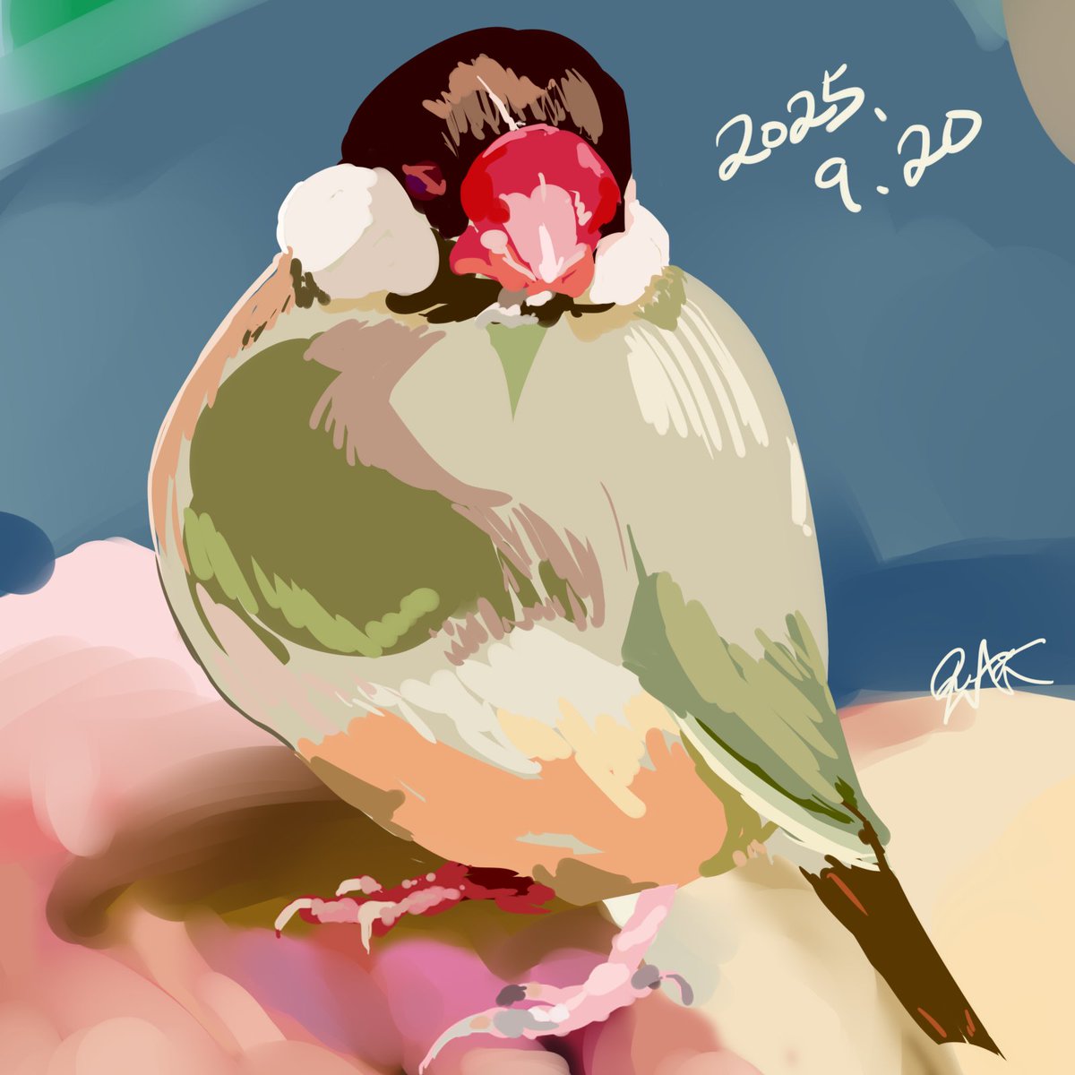 Righgi's tweet photo. ずっとやってみようと思いつつ後回しになってた
色は単体で存在しているのではなく～
の描き方でうちの文鳥さん（夕陽ちゃん）
日付は元写真の撮影日 https://t.co/g3tJ7pueyc