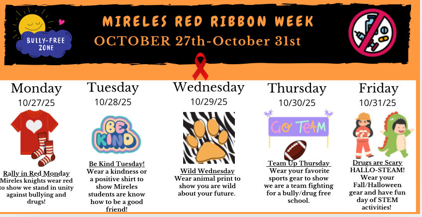 Mireles- let’s celebrate red ribbon week and show our commitment to being drug and bully free! Our students want to live healthy and happy lives! <a href="/NISDMireles/">Mireles ES</a> <a href="/NISDCounseling/">NISD Counseling</a>