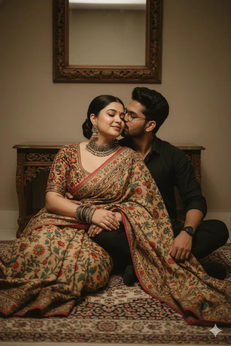 ⚜️ Beautiful Indian Couple pose ⚜️

Use Google Gemini ai 🍁 

Prompt✨
A ultra-realistic image of a beautiful Indian Couples, based on the image, sitting together lying a Romantic an sharing kiss or neck side, a carved wooden side table. She wears an embroidered fancy blouse with