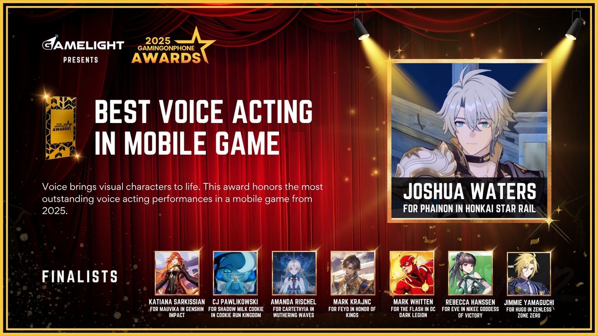 GamingonPhone's tweet image. The GamingonPhone Awards 2025, presented by Gamelight, have concluded! Meet this year’s winners. (13/30) ✨

🏆 Best Voice Acting In Mobile Game

🎉 And the winner is @TunnelVa for Phainon in @honkaistarrail

Other finalists are

🎖️ @heyitskatiana for Mauvika in @GenshinImpact
🎖️…