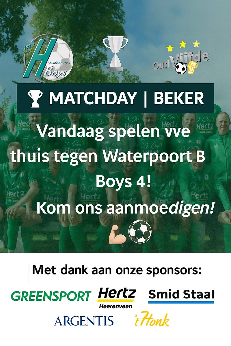 hvb8heerenveen's tweet photo. 🏆 MATCHDAY | BEKER
Vandaag spelen we thuis tegen Waterpoort Boys 4!
📍 Sportpark De Akkers
⏰ 13:00 uur aftrap

Met dank aan onze sponsors:
Greensport | Hertz Heerenveen | Smid Staal | Argentis | ’t Honk

#Matchday #Bekerwedstrijd #HeerenveenseBoys #HVB8 https://t.co/S91BEga8M2