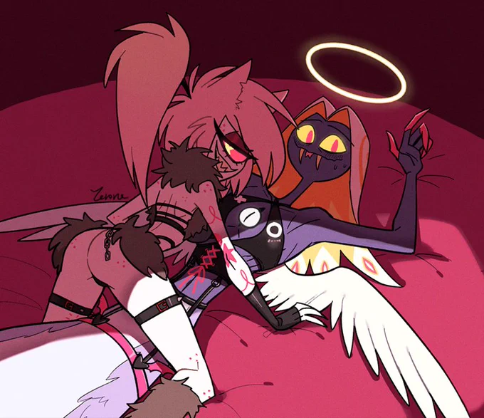 (Twiggie wanted to see Sir Pentious in the Verosika lingerie) Because it would be too lonely if Pentious was the only one wearing Verosika lingerie, I had Cherri wear Loona lingerie to keep him company. #HazbinHotel #CherriSnake
