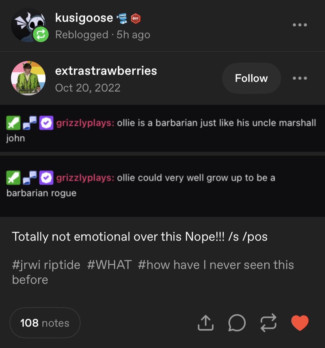 I need jrwitwt to see this
Rogue barbarian Ollie
Rogue from Chip and barbarian from John awwww