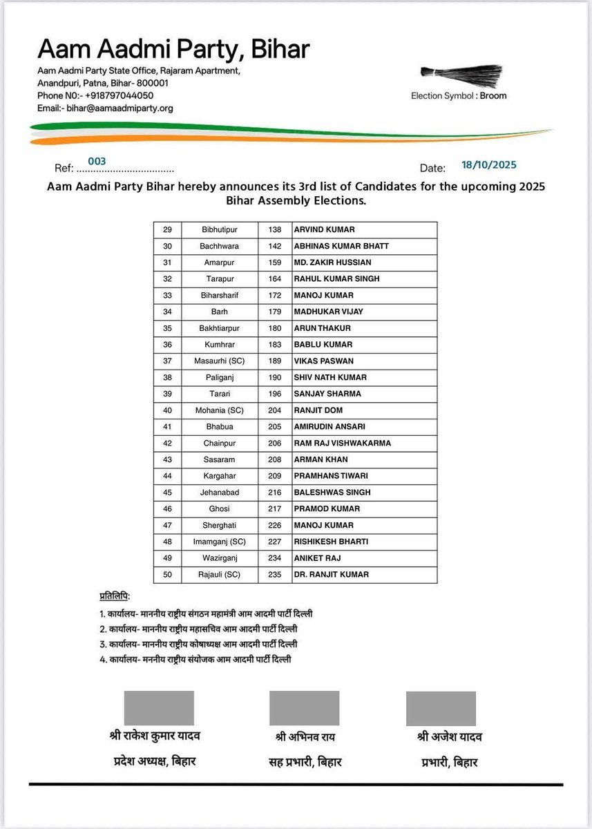 आम आदमी पार्टी बिहार के विधानसभा प्रत्याशियों की तीसरी सूची जारी।

सभी घोषित प्रत्याशियों को शुभकामनाएं।

#BiharMaangeKejriwal
