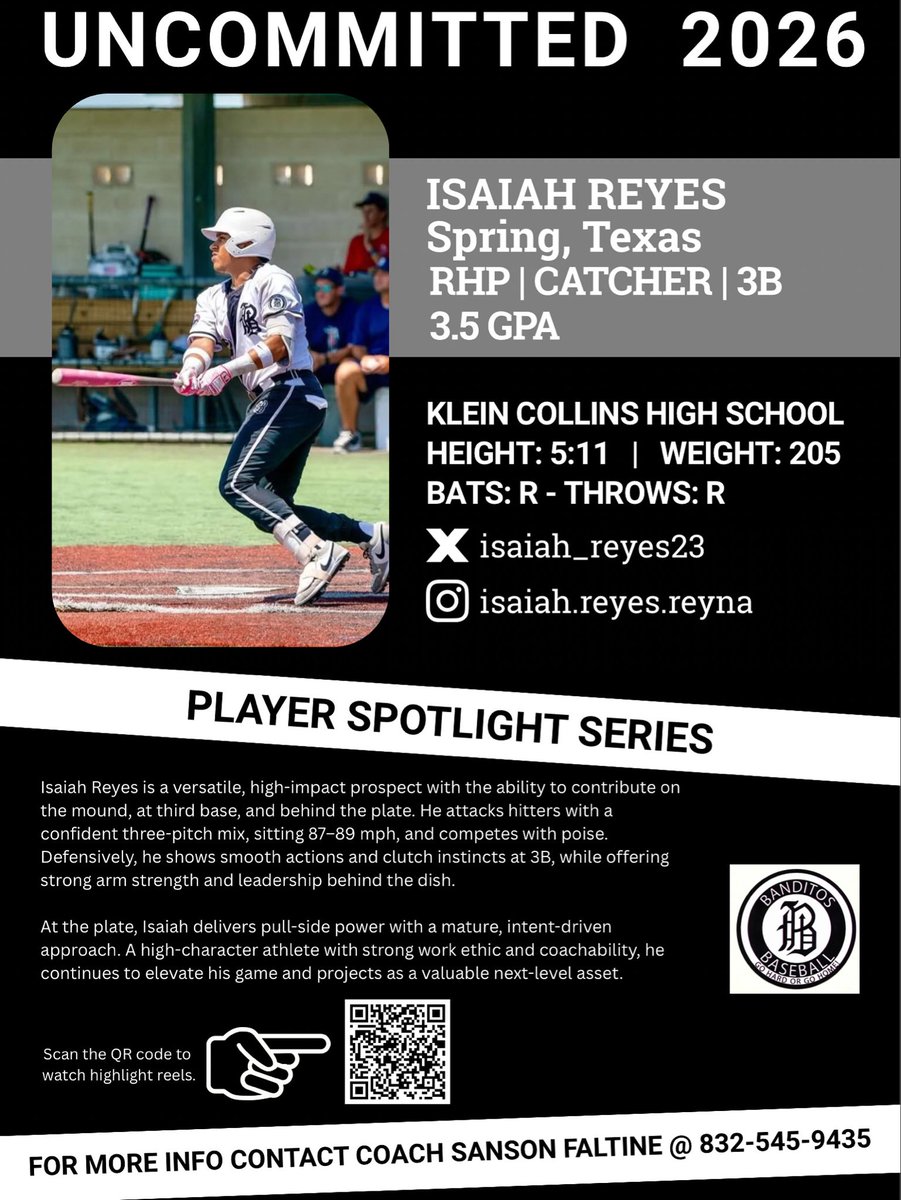 🎯 Uncommitted Player Spotlight
We’re shining a light on athletes grinding daily, chasing the next level. Each week we’ll feature standout players built with heart &amp; character, ready for college baseball.
#Uncommitted2026 #RecruitMe #BaseballRecruiting #BanditosFaltineScoutTeam