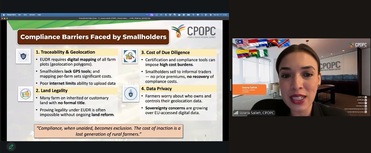 CPOPC joined the CGIAR/IFPRI policy seminar on “The EU Deforestation Regulation: Policy Implications and Research Frontiers”
Representing CPOPC, Secretary General Madam Izzana Salleh presented on “Inclusive Pathways for Smallholders in Deforestation-Free Supply Chains,”