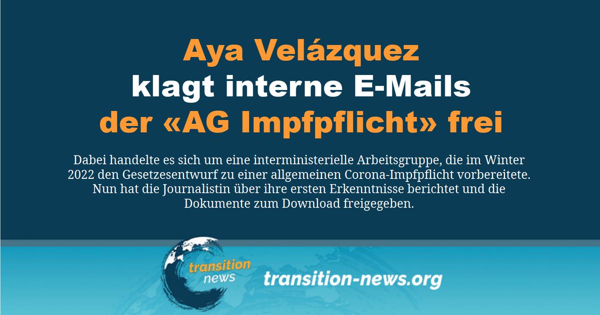 C_Transition2's tweet image. Im Februar 2025 kam durch die Protokolle des #RKI-Krisenstabs, die der Journalistin Aya #Velázquez zugespielt wurden, die Existenz eines weiteren Gremiums ans Tageslicht: Die sogenannte «AG Impfpflicht».
Weiterlesen ... (transition-news.org/aya-velazquez-…)
#transitionnews #RKI #Velazquez
