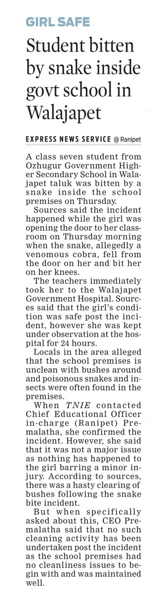 Nimisha S Pradeep (@nimishaspradeep) on Twitter photo A 7th class girl was bitten by a snake in a govt school in #Ranipet. Luckily, the girl only had a minor injury and is safe. But the question remains:
What about the safety of students in such a school premises?
<a href="/xpresstn/">TNIE Tamil Nadu</a> (1/2) A 7th class girl was bitten by a snake in a govt school in #Ranipet. Luckily, the girl only had a minor injury and is safe. But the question remains:
What about the safety of students in such a school premises?
<a href="/xpresstn/">TNIE Tamil Nadu</a> (1/2)