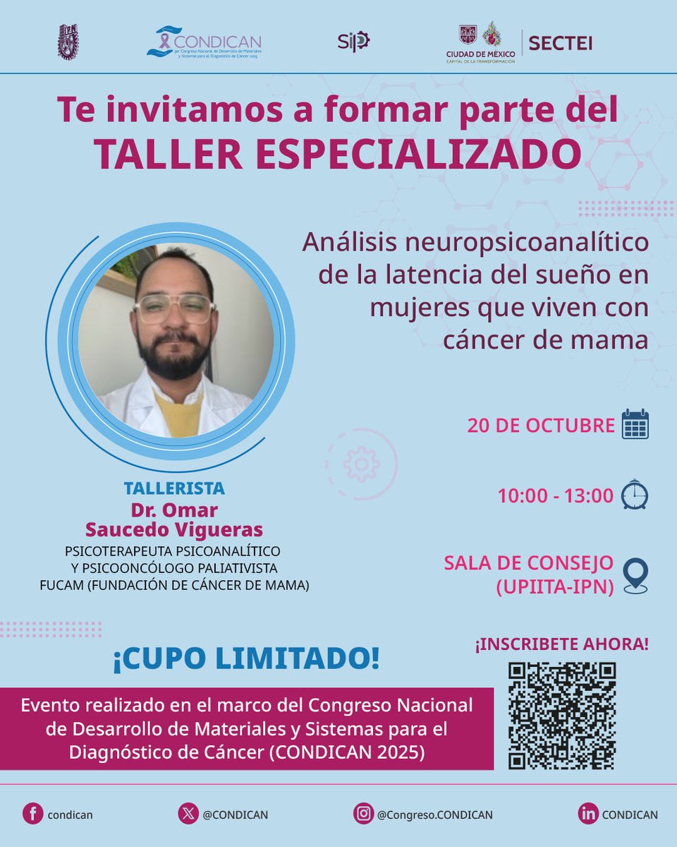 fragoma07's tweet photo. Taller Especializado de la @CONDICAN_C
📷 Análisis neuropsicoanalítico de la latencia del sueño en mujeres que viven con cáncer de mama
📷 Fecha: 20 de octubre
📷 Horario: 10:00 a 13:00
📷 Lugar: Sala de Consejo (@Upiita_Ipn)
📷 Tallerista: Dr. Omar Saucedo Vigueras @FUCAMM https://t.co/onpO3cYKnU