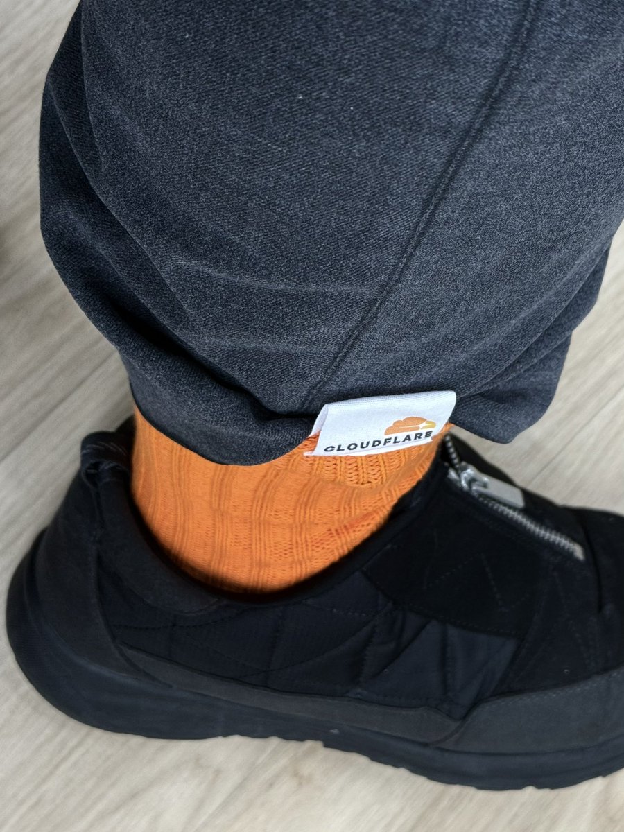 junpai_code's tweet image. Cloudflareのノベルティはいた🧦

……タグが上にあって着こなすのが難しすぎる😂

メリケン短パンお父さんスタイルで見せつけるぐらいが良いのかも

#honoconf