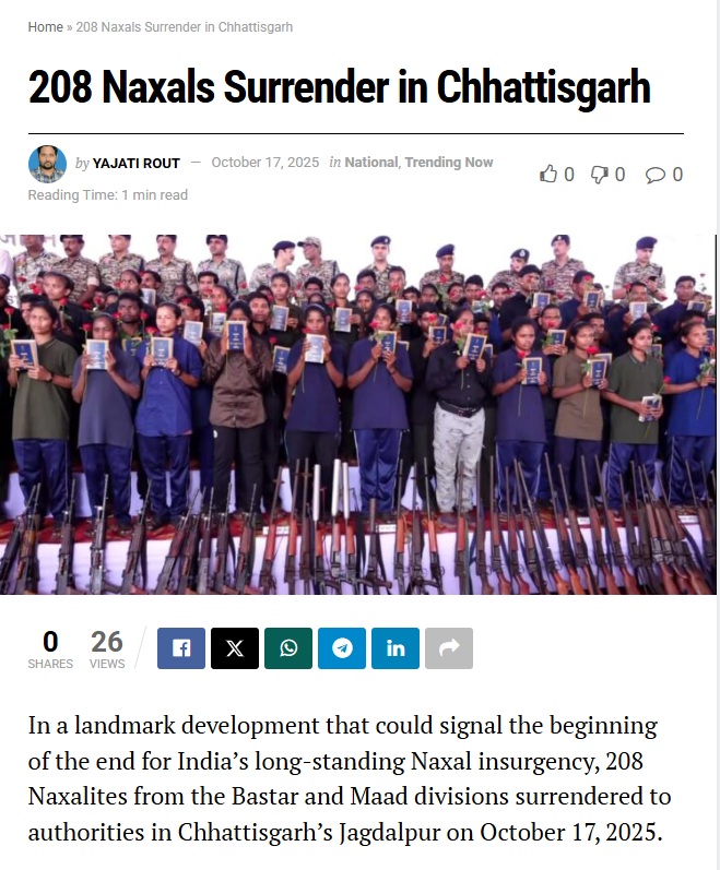 Tech_Guide02's tweet image. Peace wins again!
208 Nax@lites surrender in Chhattisgarh, giving up 153 we@pons.
BSF’s consistent effort brings hope to North Bastar.
#NaxalFreeBharat #NaxalSurrender  #Chhattisgarh