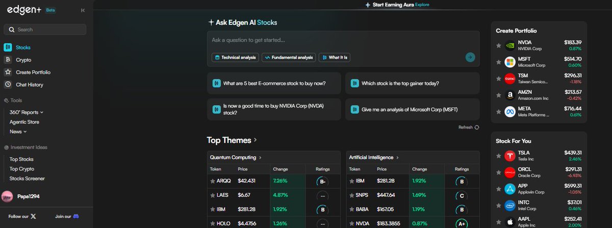 _maxonchik's tweet photo. What It Is
Edgen is an AI-powered “copilot” platform for investors in crypto and stocks. It brings together market data, signals, analytics, trading ideas, and portfolio insights — all in one place.
Key Features
Supports both stocks and crypto — a single dashboard for tracking trends and signals.

Multi-agent system — multiple specialized AI agents focusing on technical analysis, on-chain data, fund flows, and more.

Tools include: bullish signal alerts, technical indicators, 360° reports, funding round tracking, on-chain sniper, and more.

Who It’s For
Edgen is designed for both beginner and professional investors, aiming to deliver institution-level analytics to individuals who don’t work in large financial firms.

Why It’s Interesting

As markets (stocks + crypto) become more complex, Edgen helps investors analyze and act on data faster.
If it continues to improve personalized insights and trading integration, it could become a powerful tool for mid-level traders.

The project is active — the team recently introduced upgraded stock rating and prediction systems powered by improved AI models.

Important Notes / Risks

Even with an “AI copilot,” no system can guarantee profits — markets remain volatile.

The platform provides data and insights, but investment decisions still rely on the user.

Make sure the subscription or plan fits your experience level and goals.

@EdgenTech