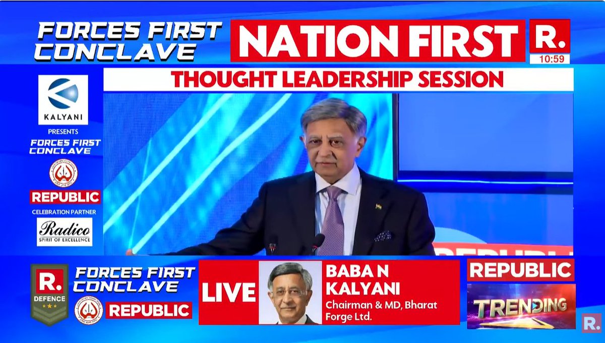 republic's tweet photo. Forces First Conclave | “50% tariff on Indian goods in a war on our economy": Baba N Kalyani, Chairman & MD, Bharat Forge Ltd
#ForcesFirstConclave LIVE on Republic all day today. Tune in here the Thought Leadership Session - https://t.co/OQYKM63oJQ
.
.
.
India’s biggest military event is Co-Presented By Kalyani (@kssldefence) and Bharat Forge Limited (@BharatForgeLtd) with Celebration Partner Radico (@radicokhaitan)
#RepublicForcesFirstConclave #NationFirst #ForcesFirst #OperationSindoor #India #Arnab #ArnabGoswami @dushy40098 @adgpi